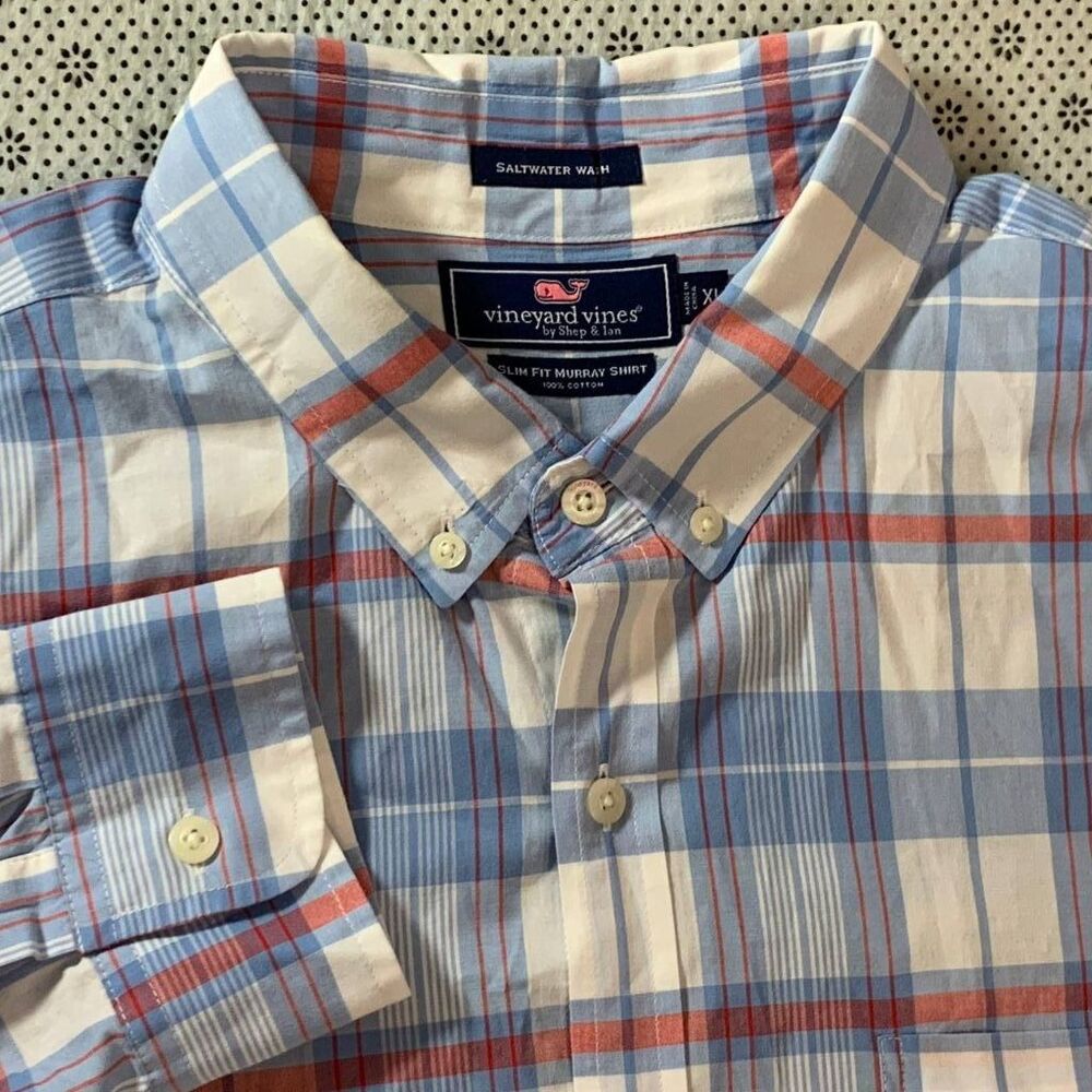 Vineyard Vines Slim Fit Murray Shirt XL Plaid Saltwater Wash 100% Cotton Blue